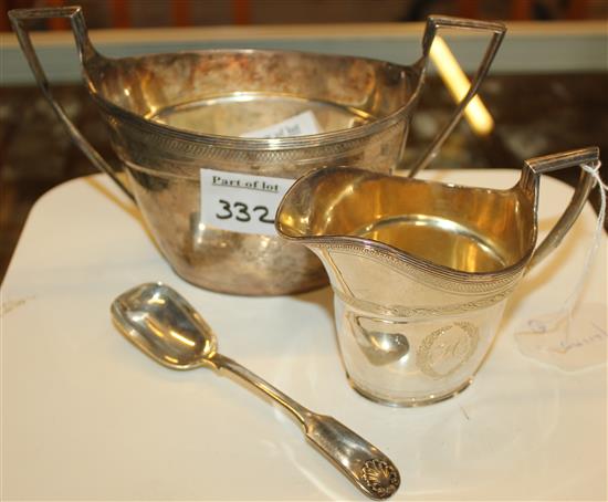 Georgian silver oval two-handled sugar bowl (marks rubbed), similar later cream jug & a sugar spoon